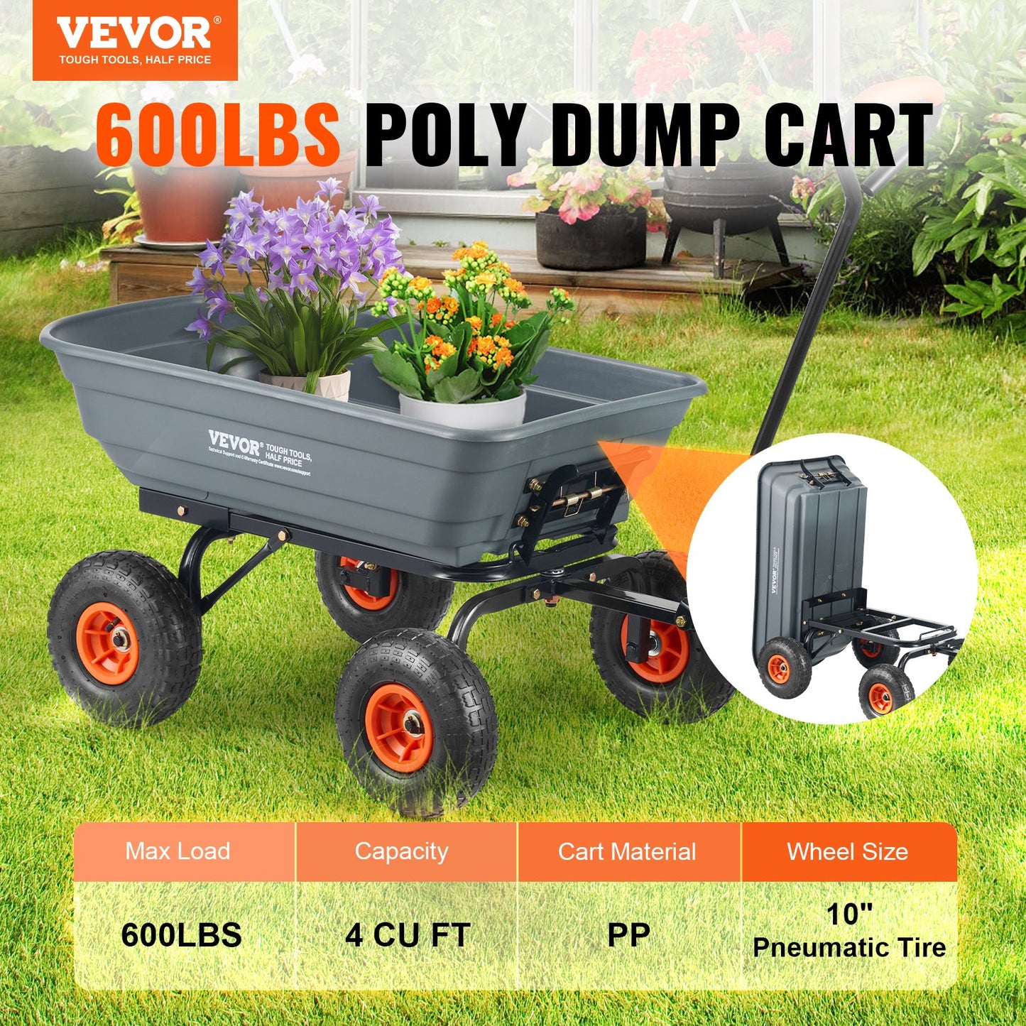 Heavy-Duty Garden Dump Cart 600 Lb Capacity with Steel Frame Black