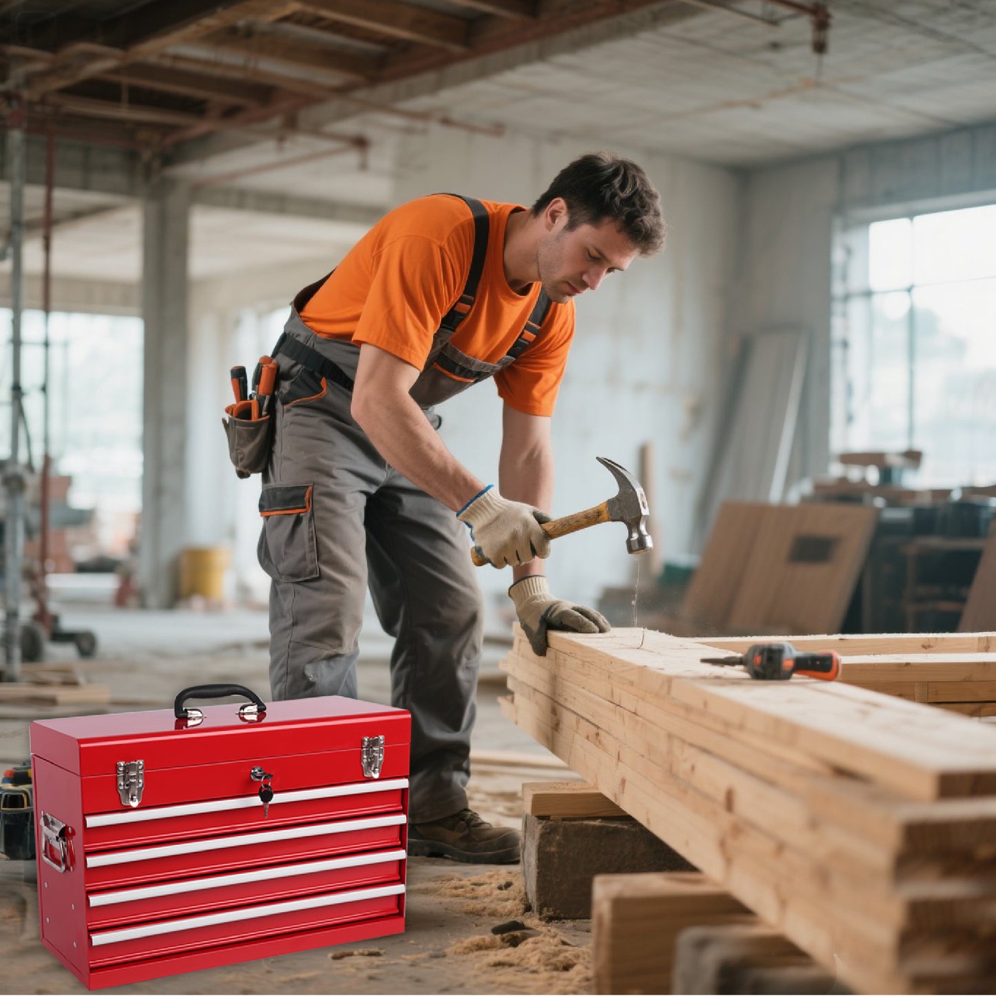 Heavy Duty Metal Tool Box 21-inch with 4 Drawers, Portable Steel Chest, Locking & EVA Liners