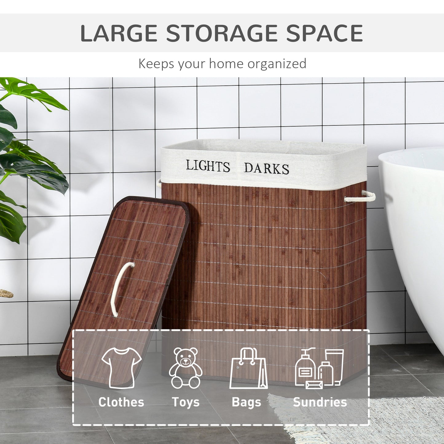 Bamboo Laundry Basket With Lid And String Handles, Collapsible Hamper