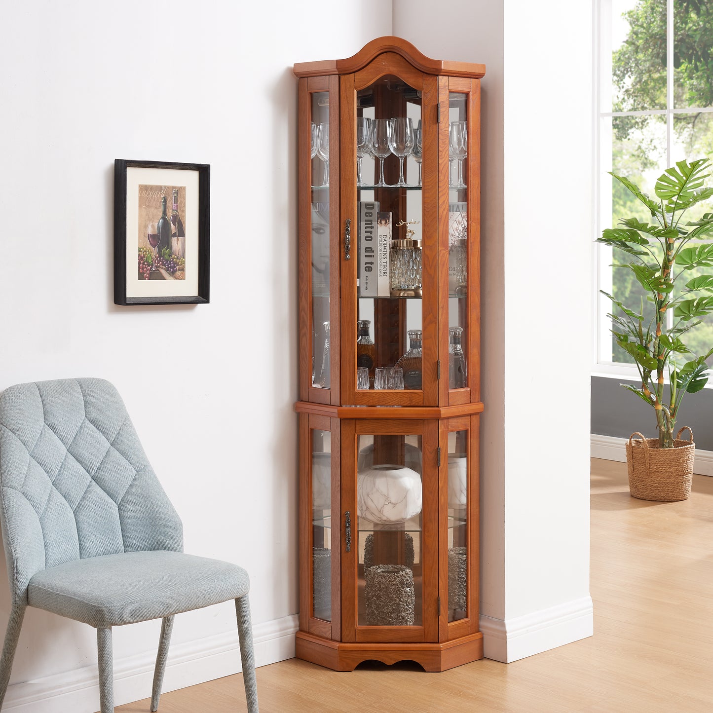 Curio Cabinet Lighted Glass Display W Tempered Doors And Shelves,