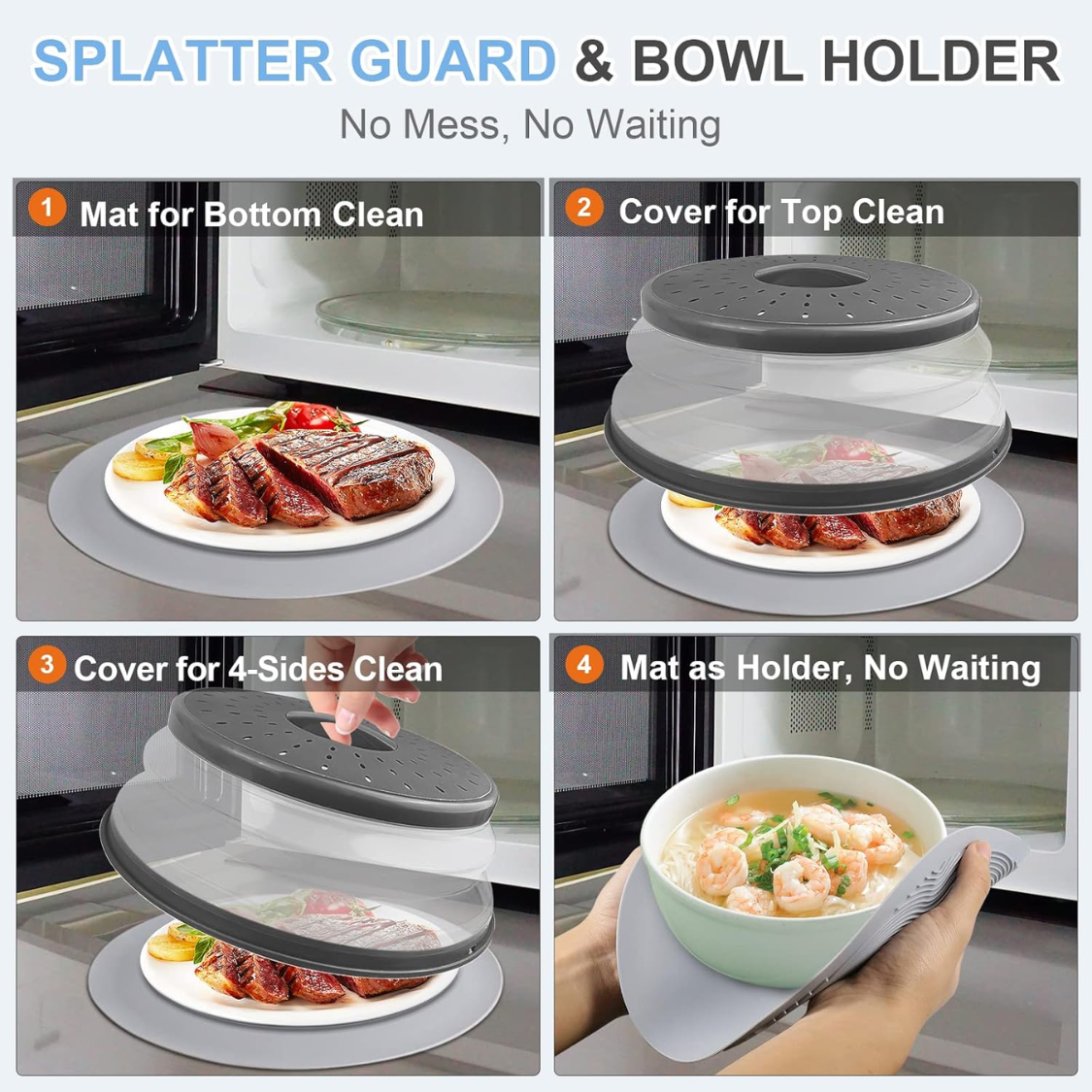 10-Inch Microwave Food Cover & Collapsible Silicone Mat - Charcoal