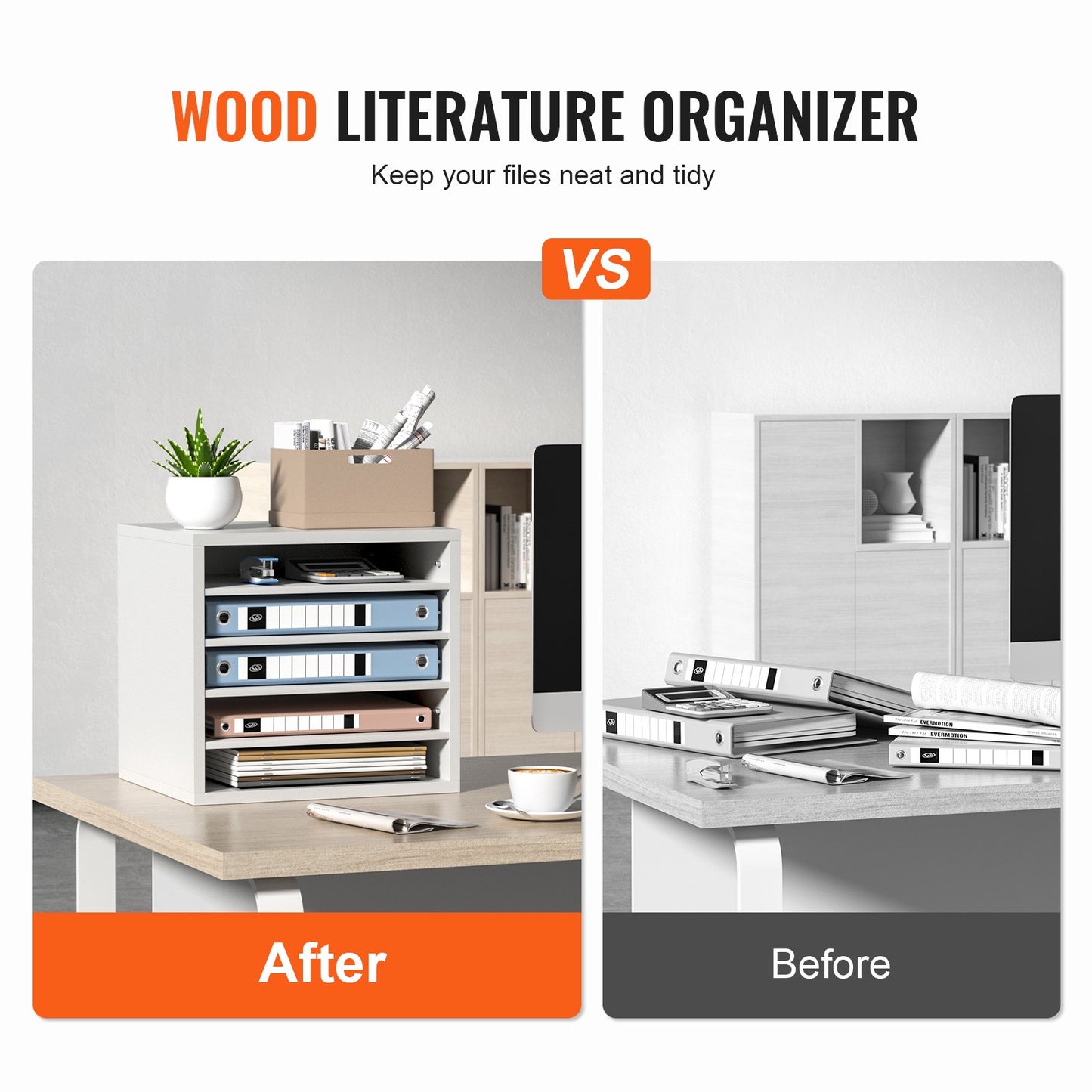 5-Compartment Wood Literature Organizer - Adjustable Shelves, White