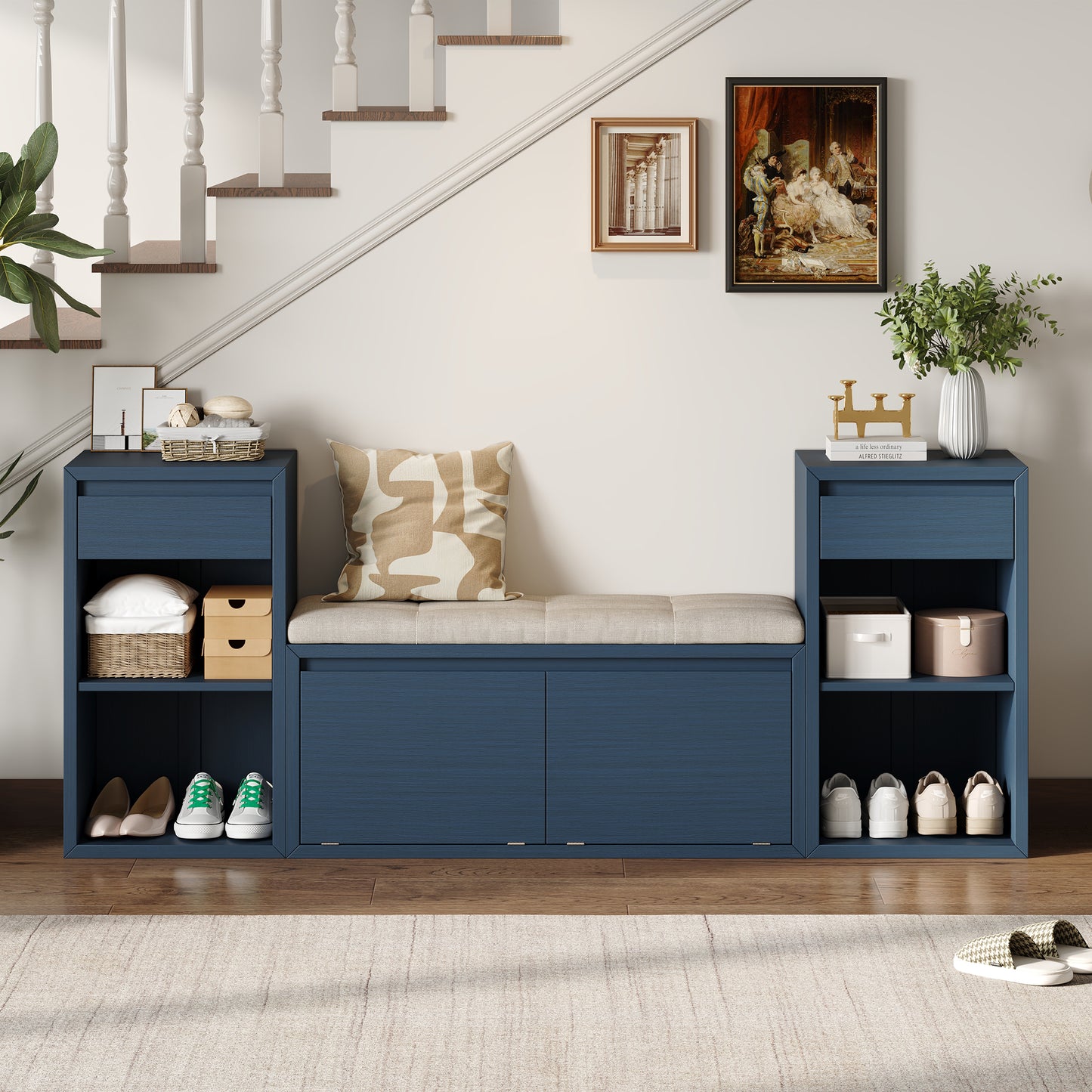 Entryway Storage Bench with Cushion, Compartments & Drawers - Antique Navy