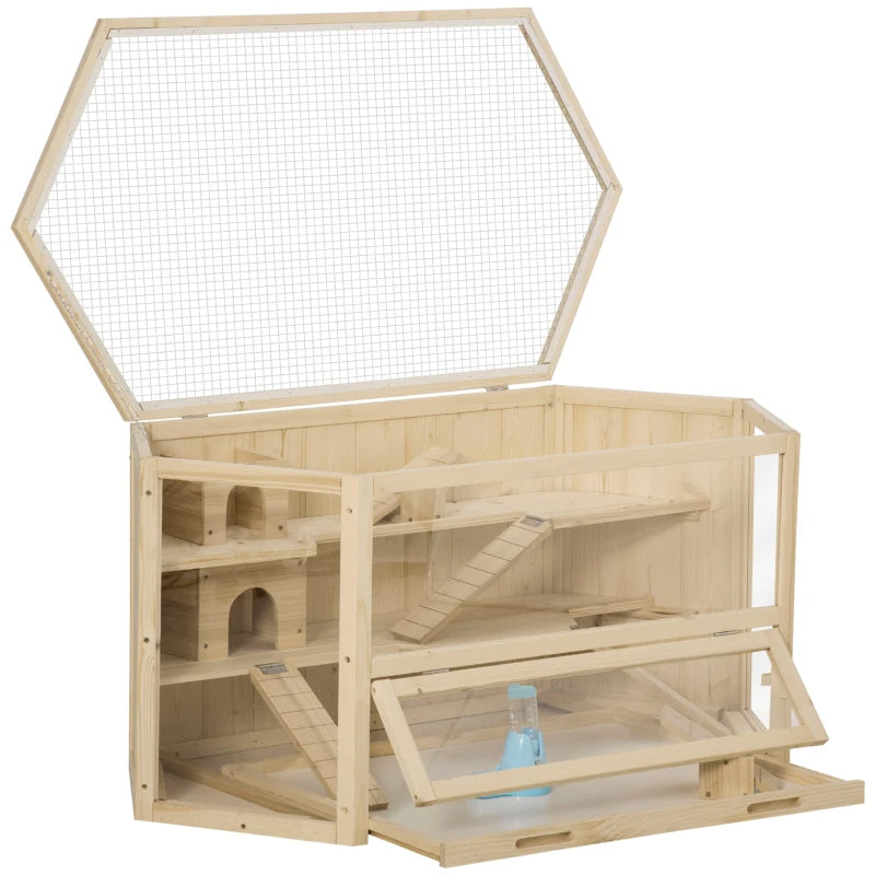 Large Wooden Hamster Cage with 3 Tiers, Activity Center & Water Bottle