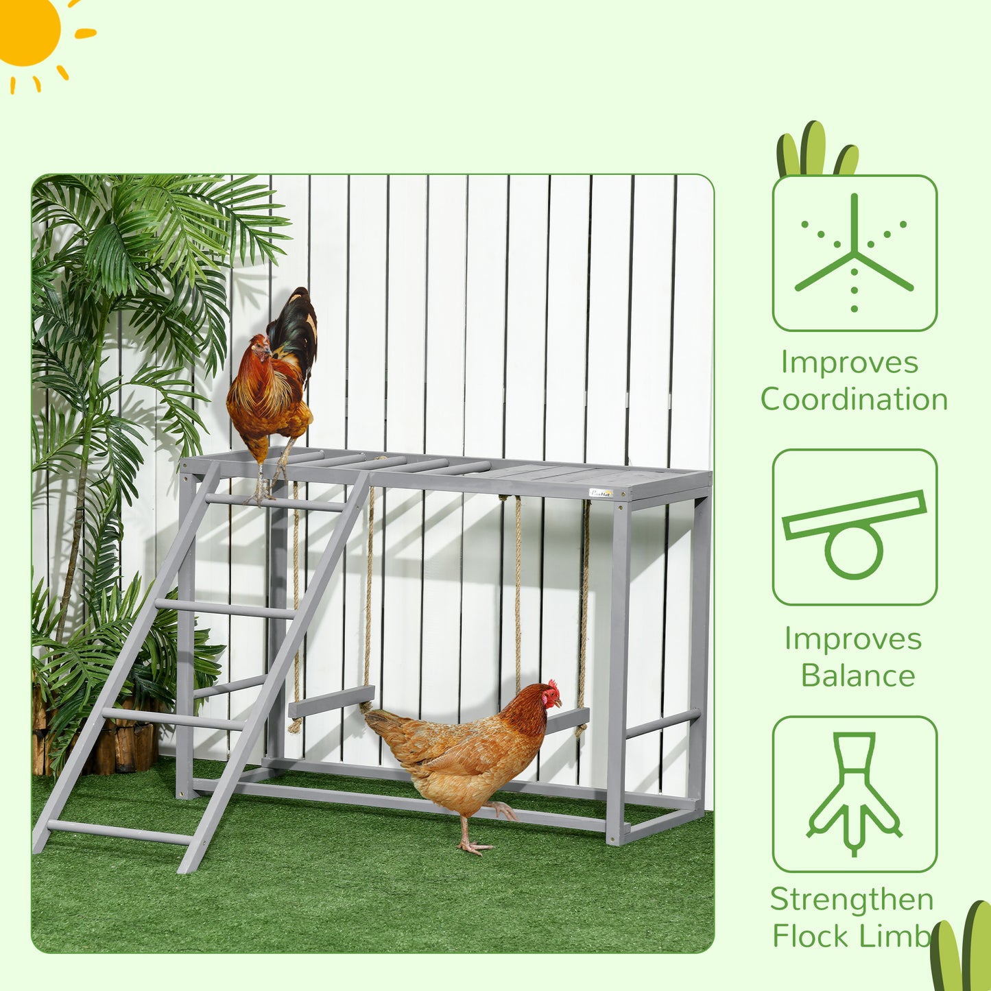 Wooden Chicken Play Set with Swing, Perches & Ladder - Gray, 1100x500x170 mm