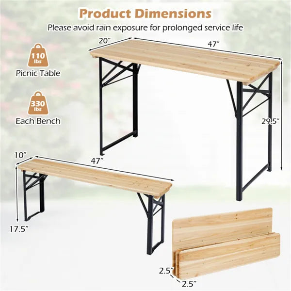 47" Foldable Picnic Table with 2 Benches - Outdoor Dining Set