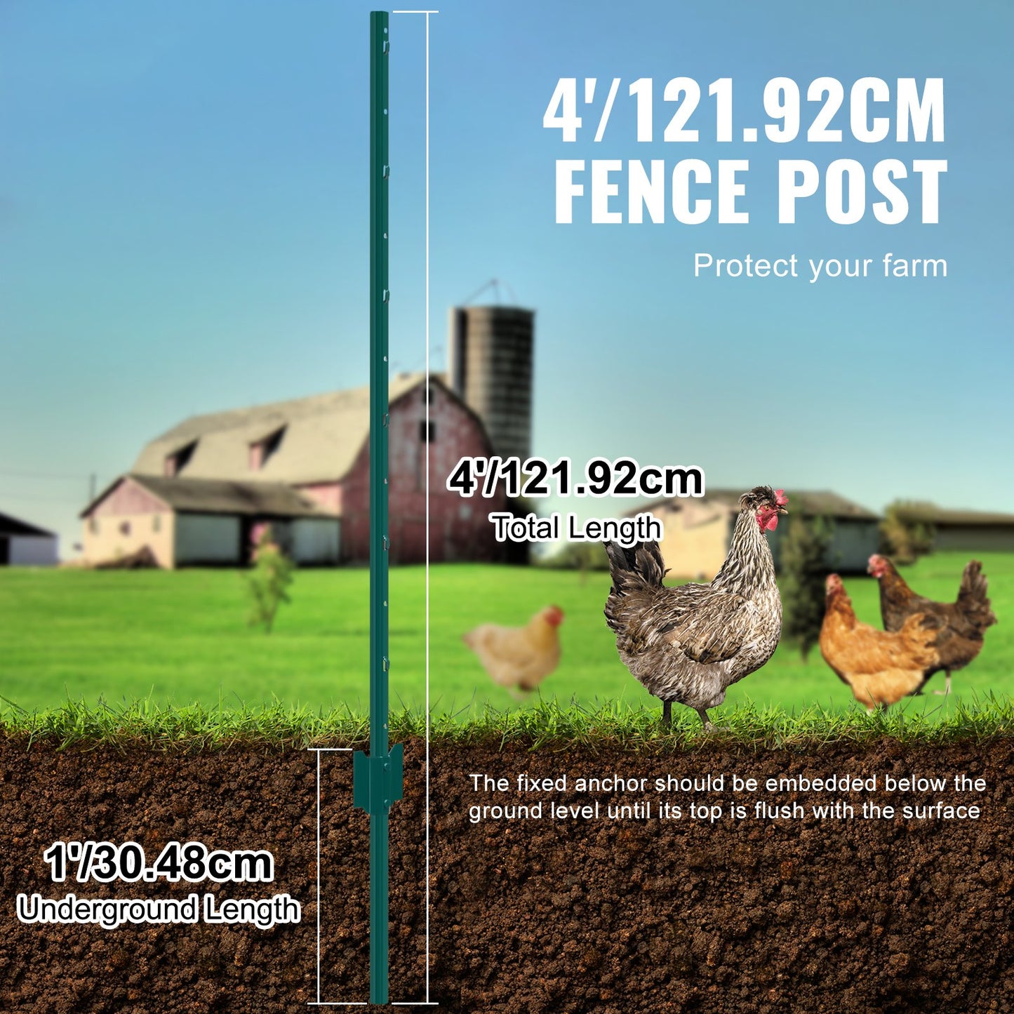 Heavy Duty 4 Feet Metal Fence Post Pack of 10 - Green Garden Fence Support