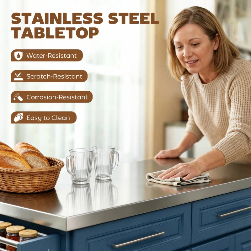 Rolling Kitchen Island with Stainless Steel Top - Navy Blue