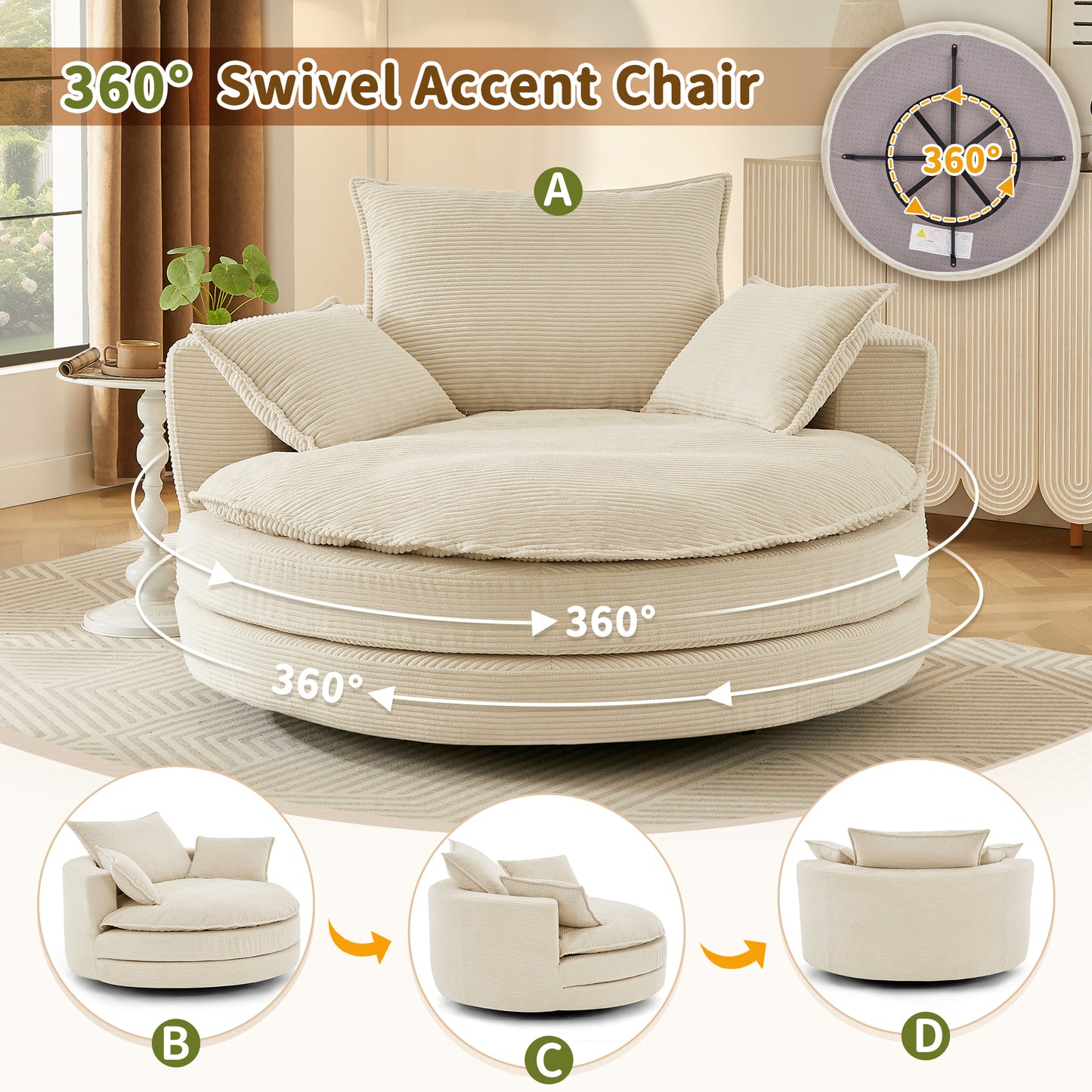 Oversized 360° Swivel Accent Chair with Dual-Layer Cushion - Beige