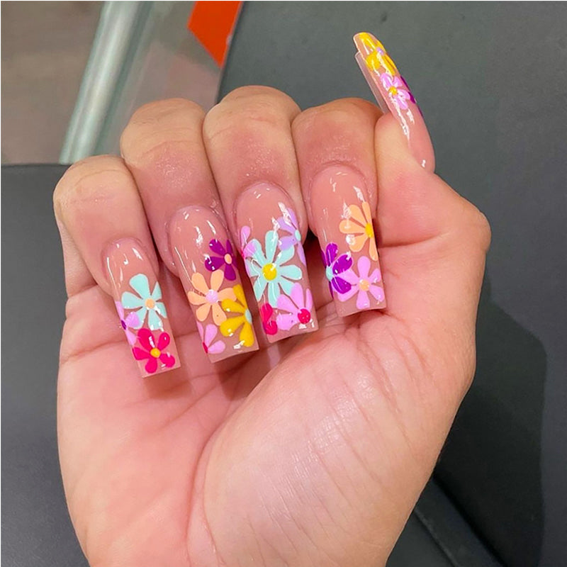 24 PCS Long Square Press-On Nails with Floral Design - Pink