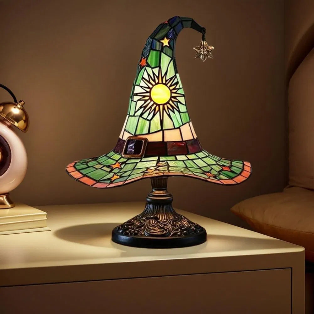 Handcrafted Stained Glass Witch Hat Table Lamp - Halloween Decor