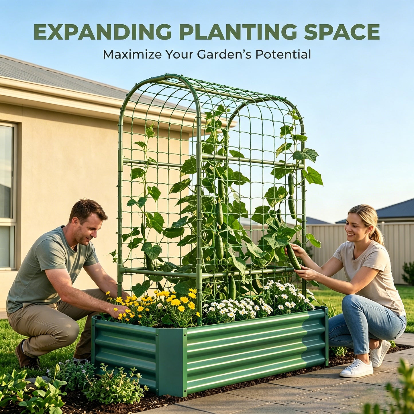 2-in-1 Raised Garden Bed with 59" Tall Trellis - Green