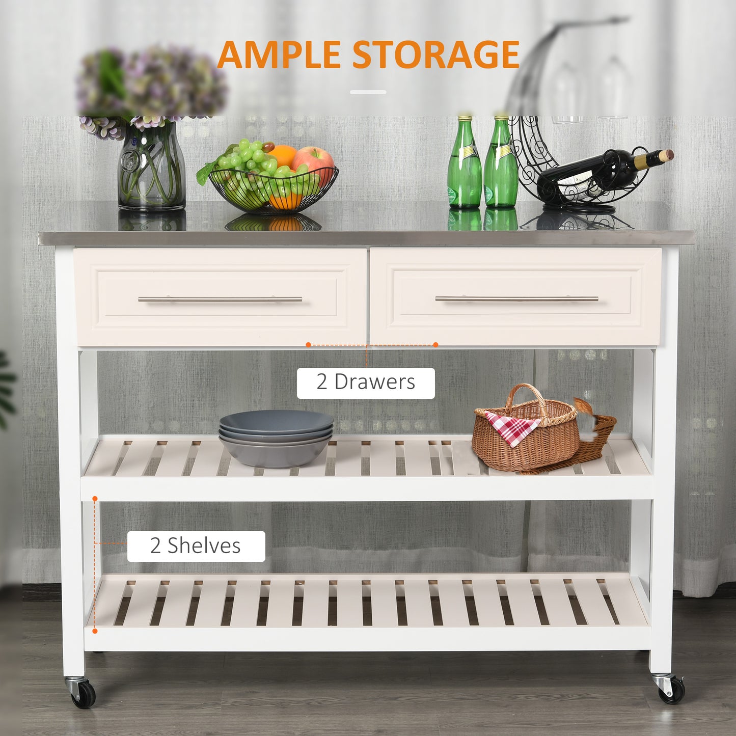 Kitchen Island Cart with Stainless Steel Top & Storage - White