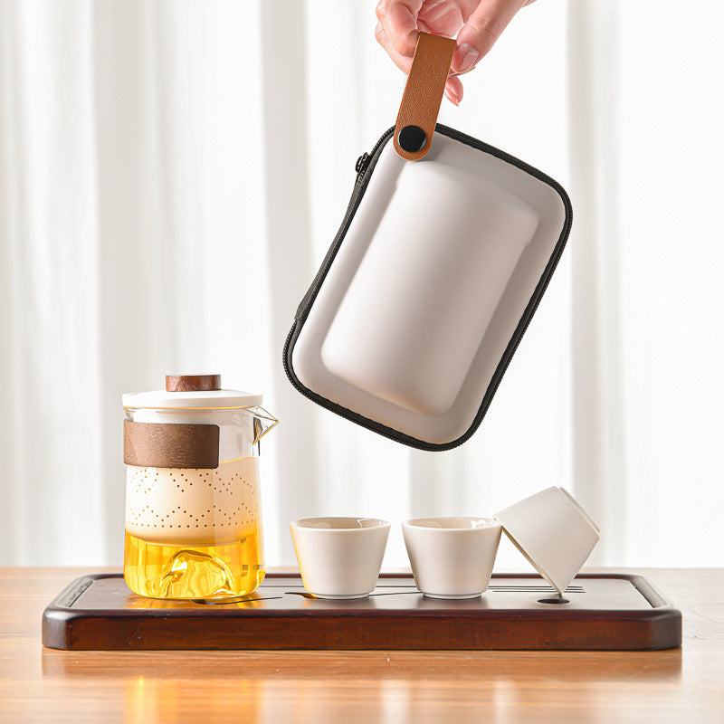 Outdoor Travel Tea Set with Canister Tray & Caddy - Portable Ceramic Tea Kit