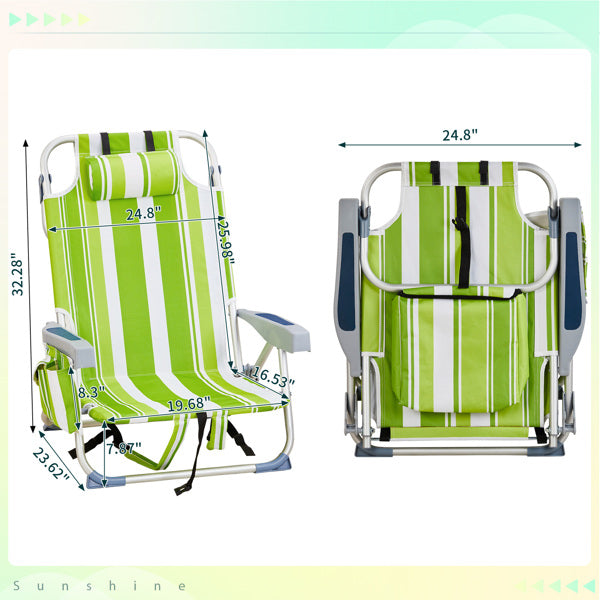 Lightweight Folding Beach Chair - Green Stripes, Adjustable Back