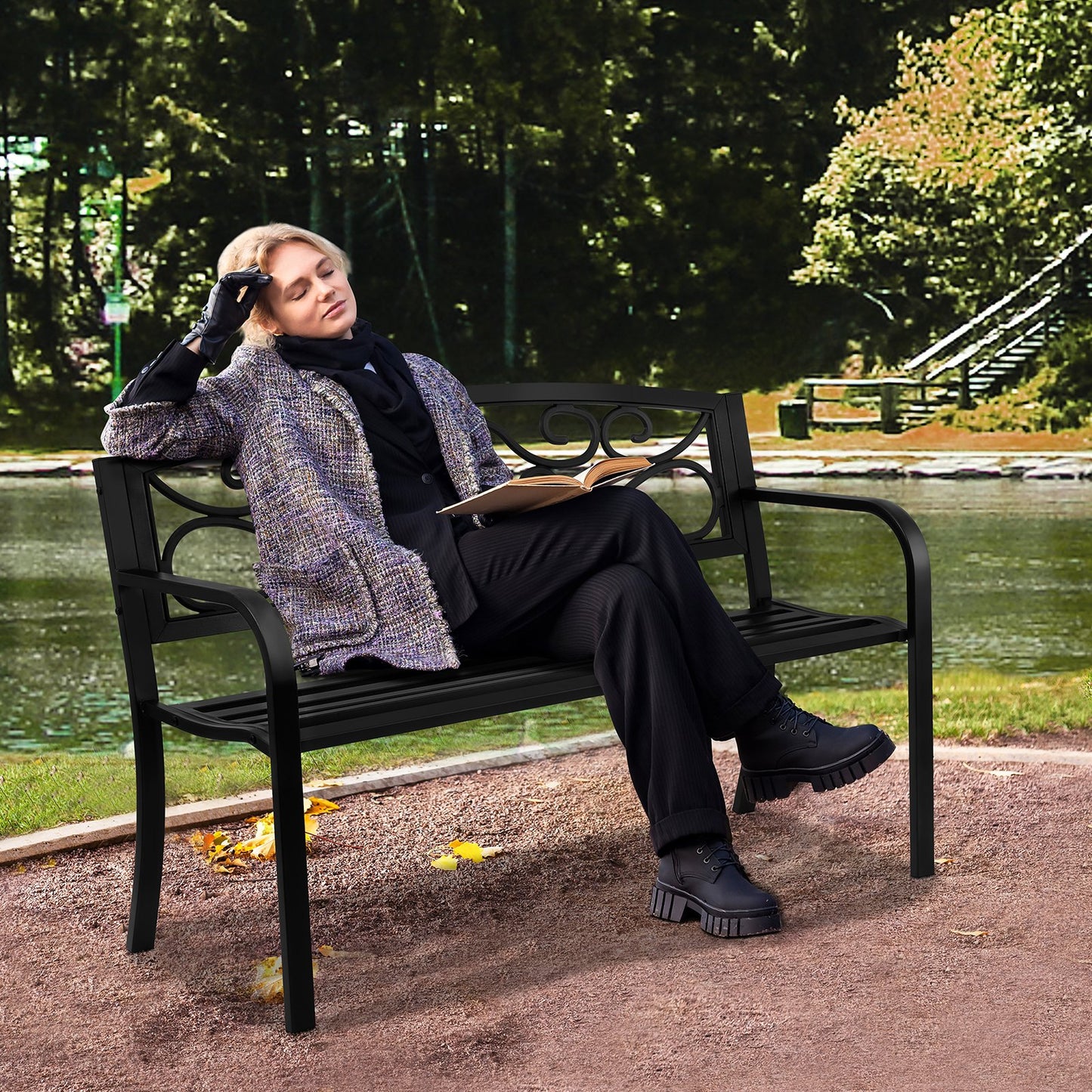 50-Inch Outdoor Metal Garden Bench with Backrest & Armrests, Black