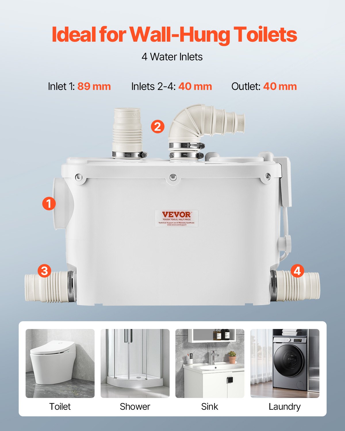 500W Macerator Pump for Wall-Hung Toilet and Sink - 29 GPM Flow, 26 Ft Lift