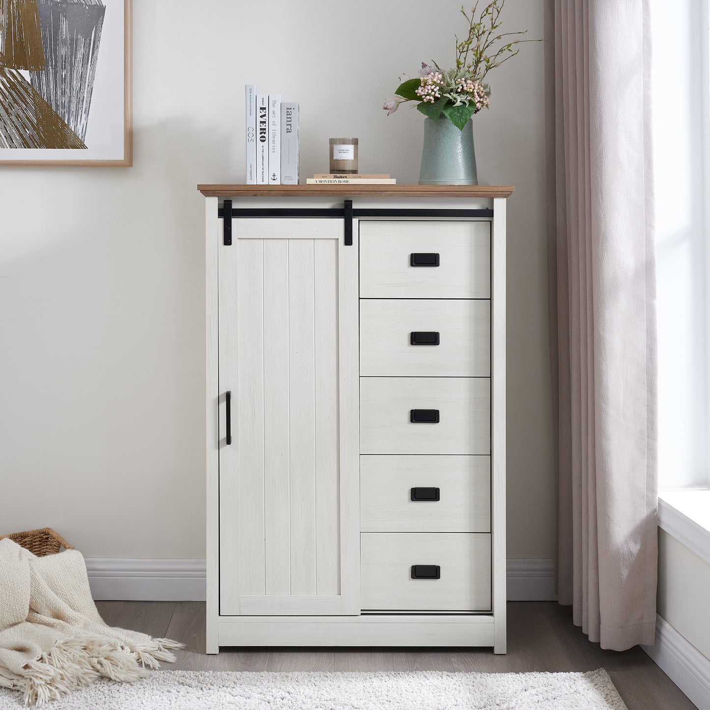 5-Drawer Farmhouse Dresser with Sliding Barn Door - White
