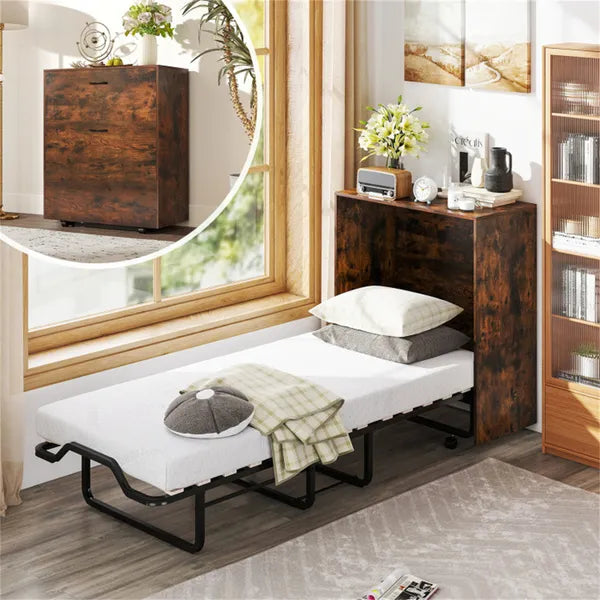 Rustic Brown Murphy Bed Cabinet with Lockable Wheels & Mattress