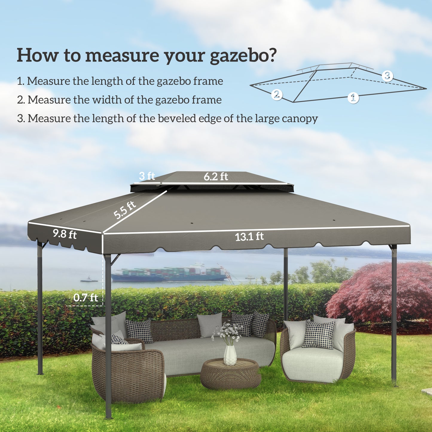 Replacement Canopy for 13 x 10 Gazebo - Light Gray, Double Vented Roof