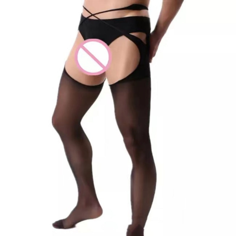 Men's Black Silk Stockings Bodystocking Crotchless Sheer Lingerie