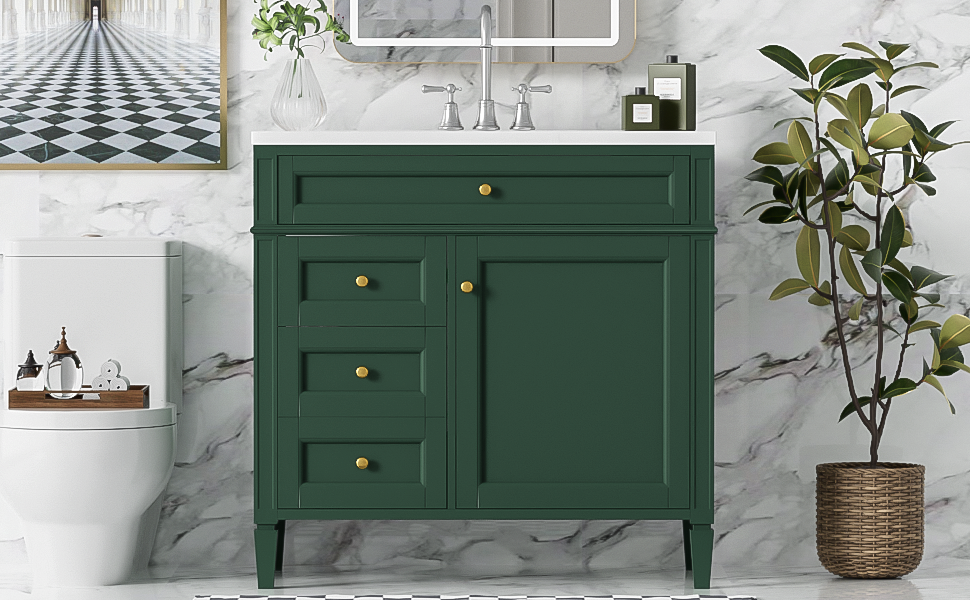 36'' Modern Bathroom Vanity with Sink & 3 Drawers - Garnet/Green