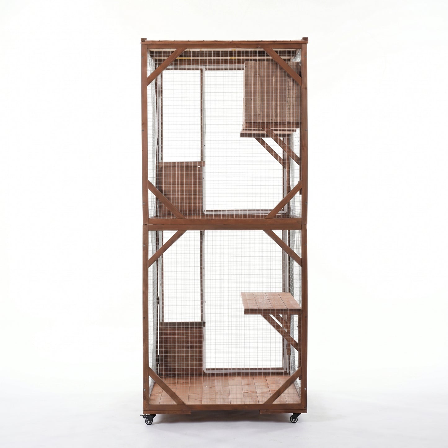 Outdoor Wooden Cat Enclosure with Lockable Wheels & Multi-Level Platforms, Weatherproof Fir Cat Cage