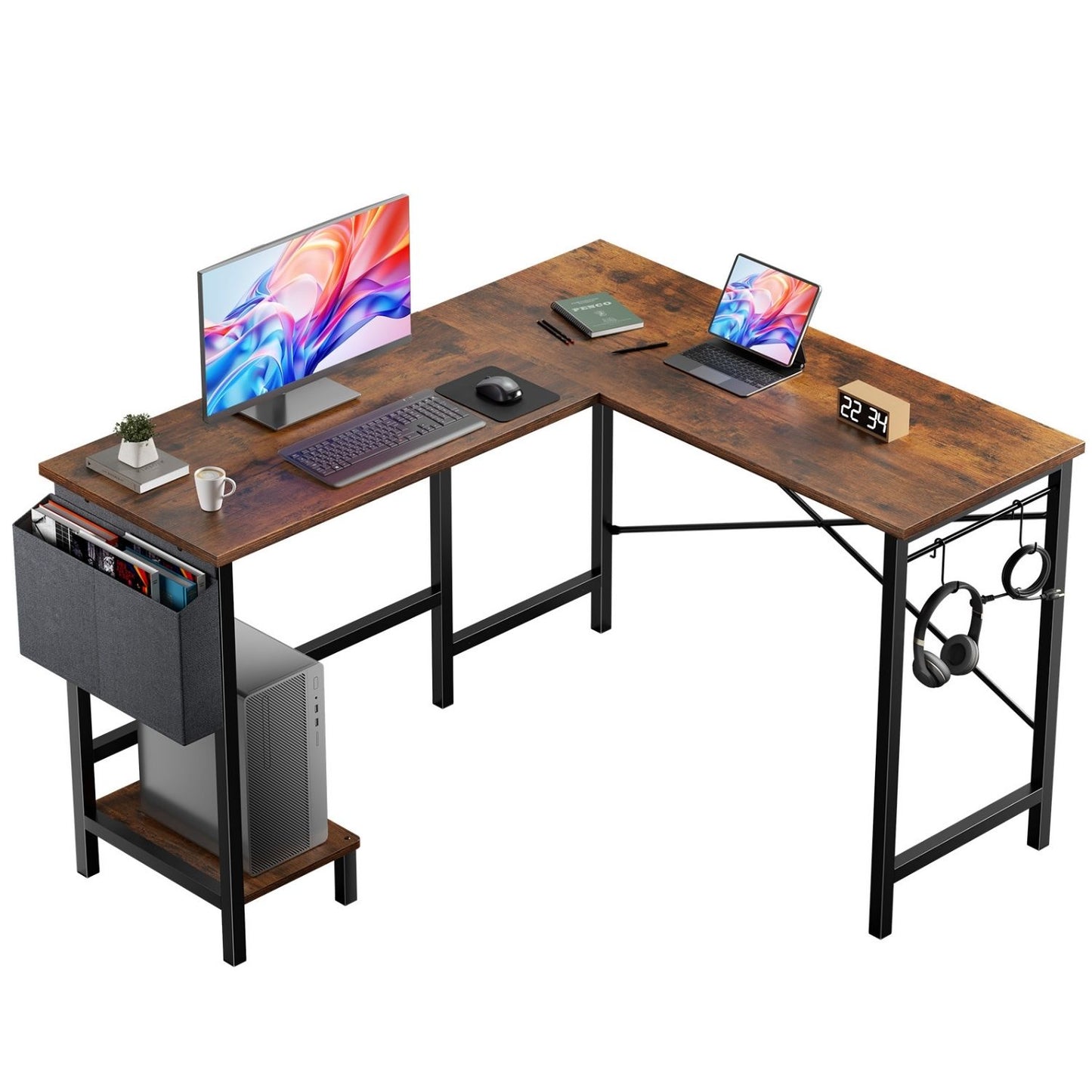 L-Shaped Computer Desk with Storage Bag & CPU Holder - 49IN