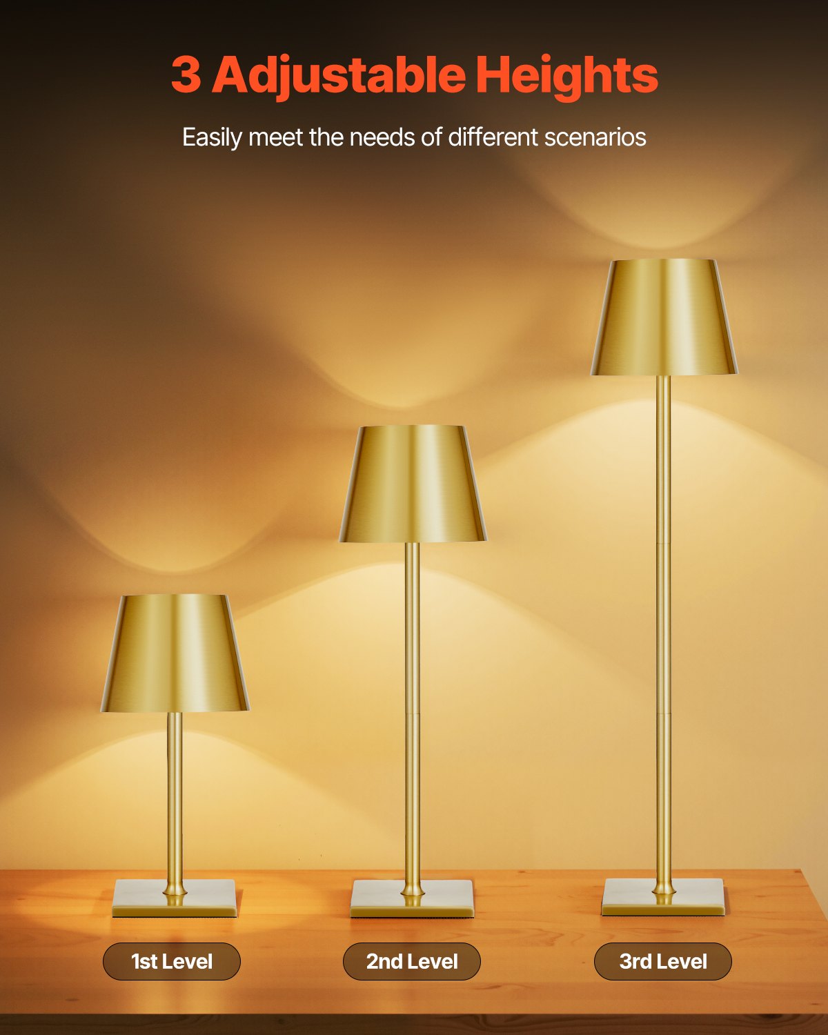 Rechargeable Cordless Table Lamp Set - Adjustable Height Gold, 2 Pack