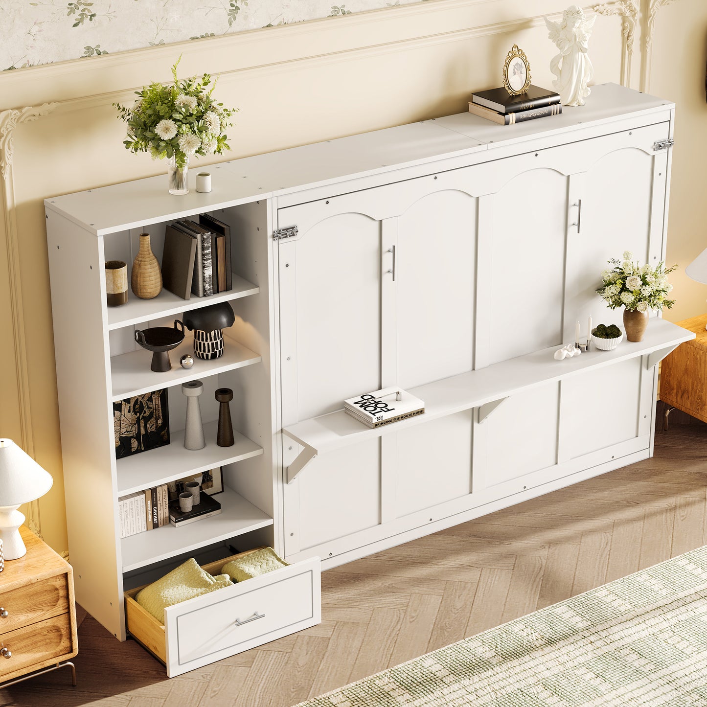 Queen Size Murphy Bed With Height Adjustable Storage Compartments And