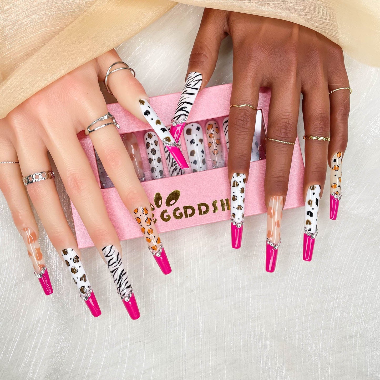 Handmade Press-On Nails - Extra Long Stiletto Glitter Diamond Zebra - Size M