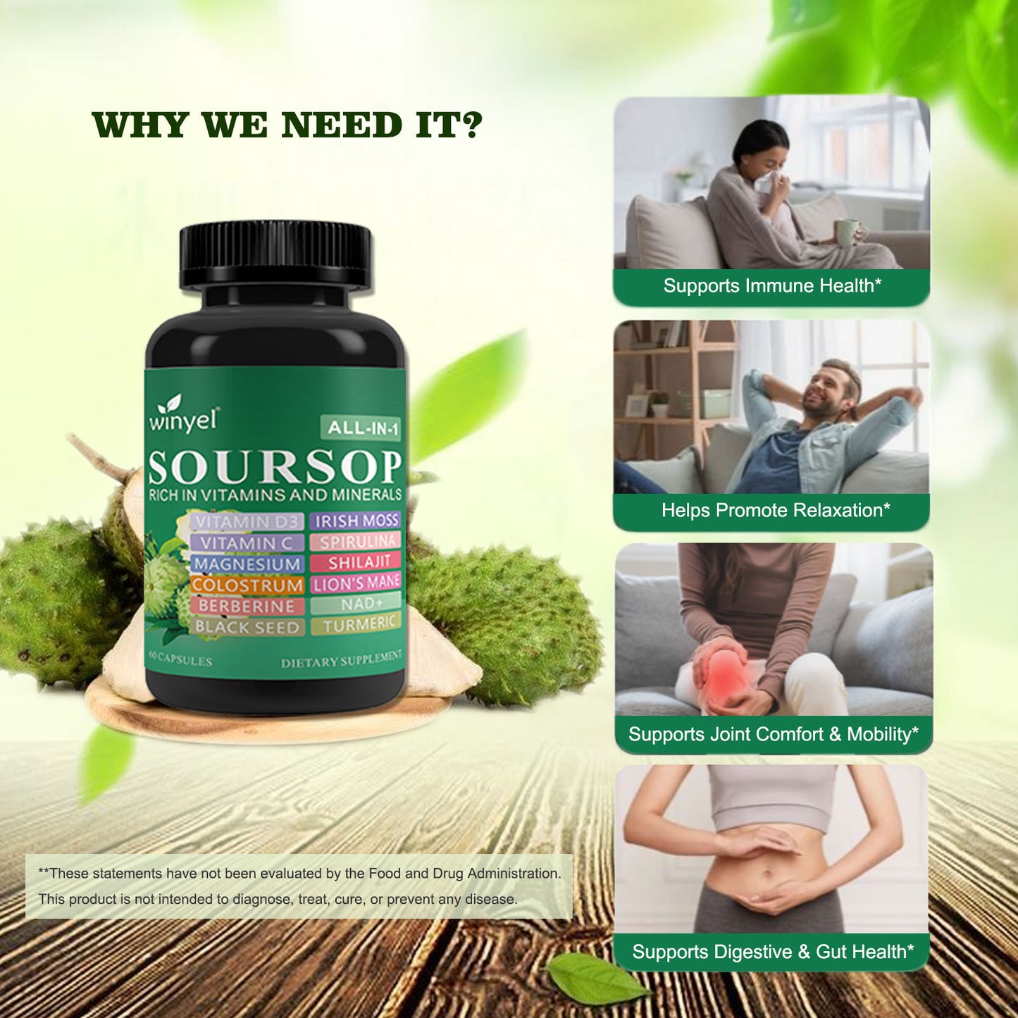 Soursop Herbal Supplement with Lion's Mane & Turmeric - 60 Vegan Capsules
