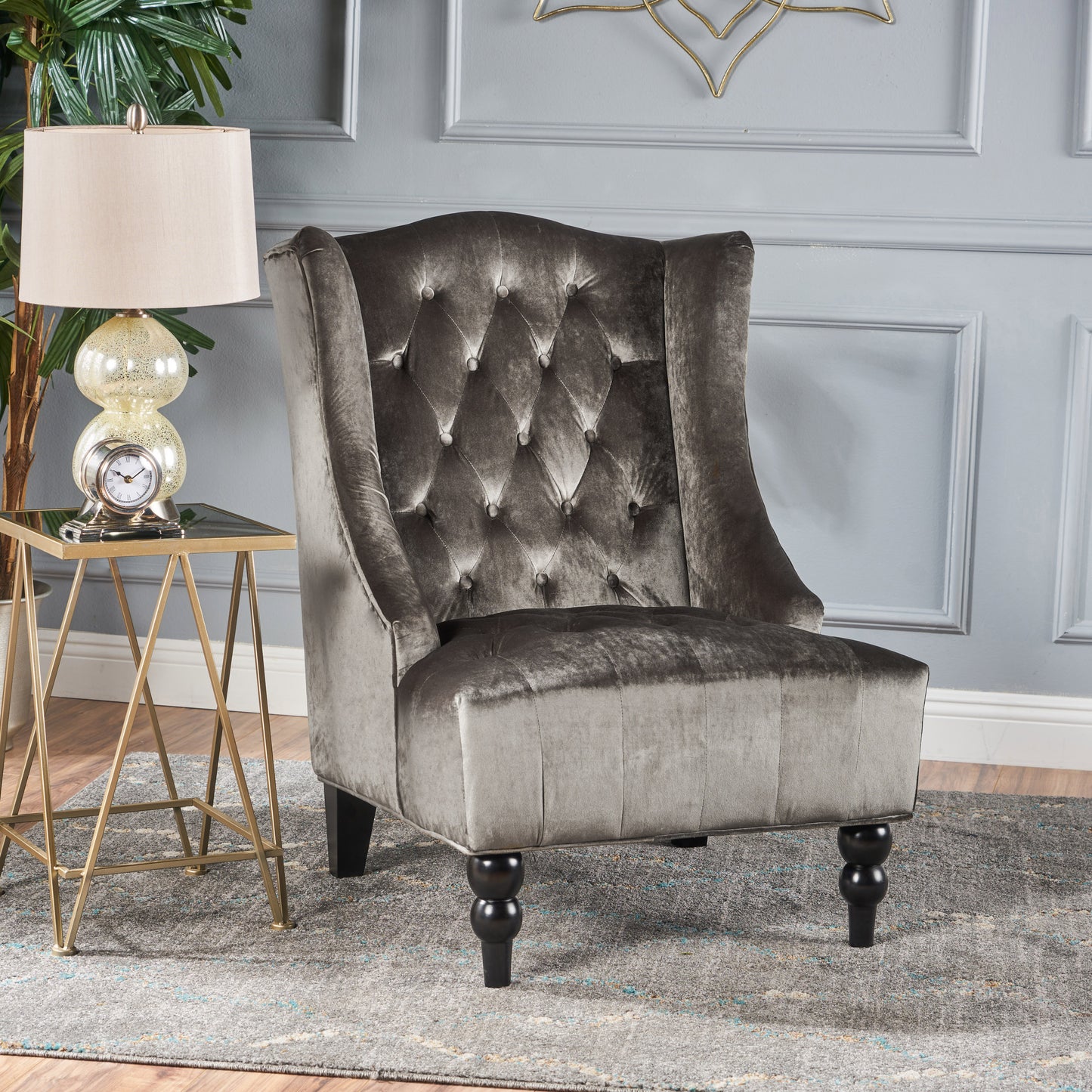 Grey Velvet Hi-Back Club Chair with Wingback Design