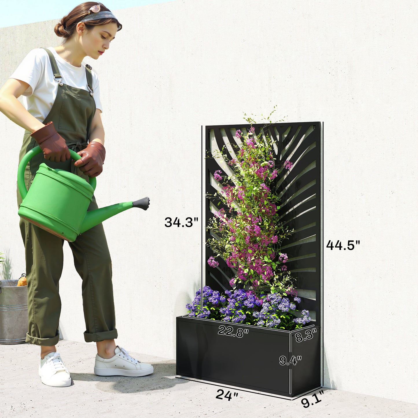 Metal Garden Bed with Trellis for Climbing Plants - Freestanding or Wall Mountable, 990x700x75 mm, Black