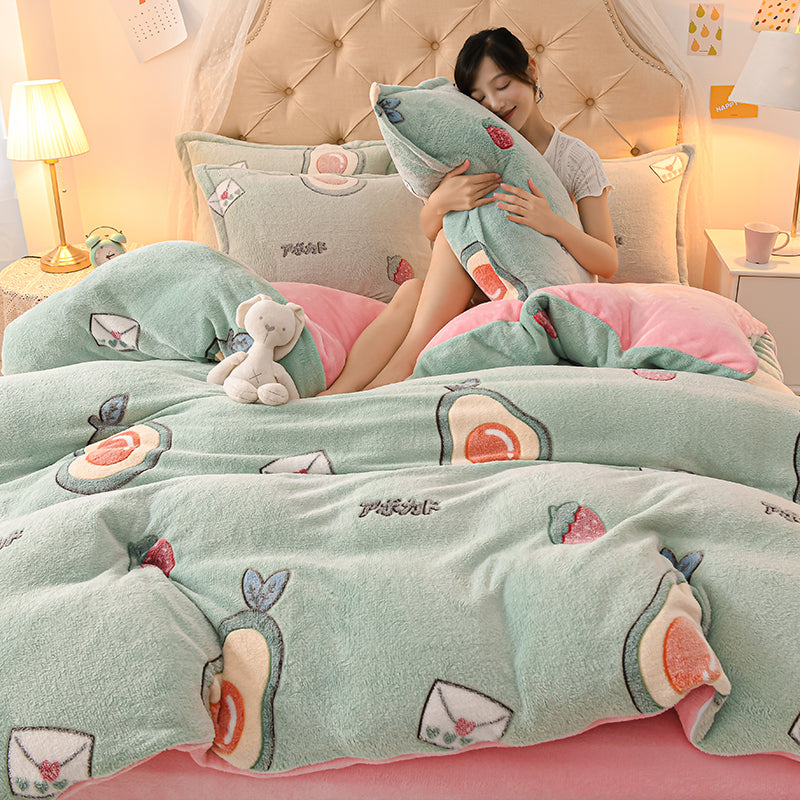 Coral Velvet Duvet Cover Set Double Sided Thick Bedding with Cartoon Patterns