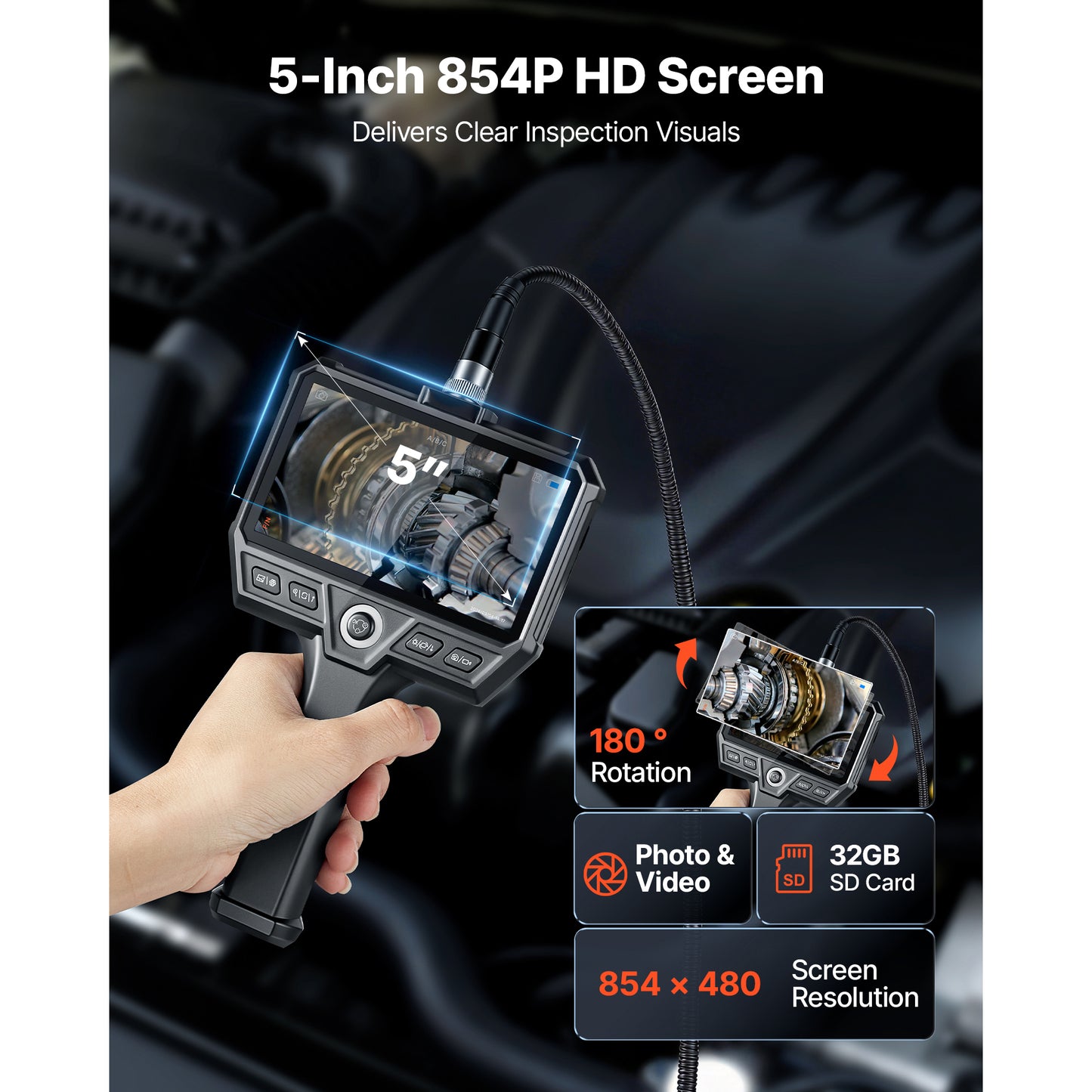 Industrial Endoscope Camera with HD Screen 8X Zoom Waterproof Snake Inspection Tool