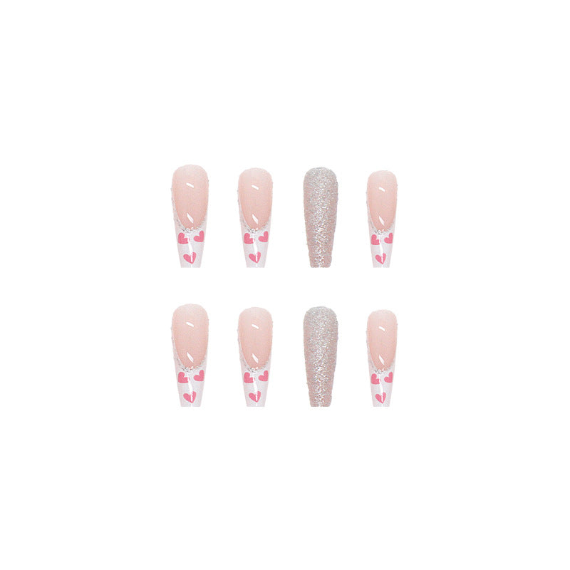 Fake Nail Set with Shine Love Pattern and Glue - Long French Style