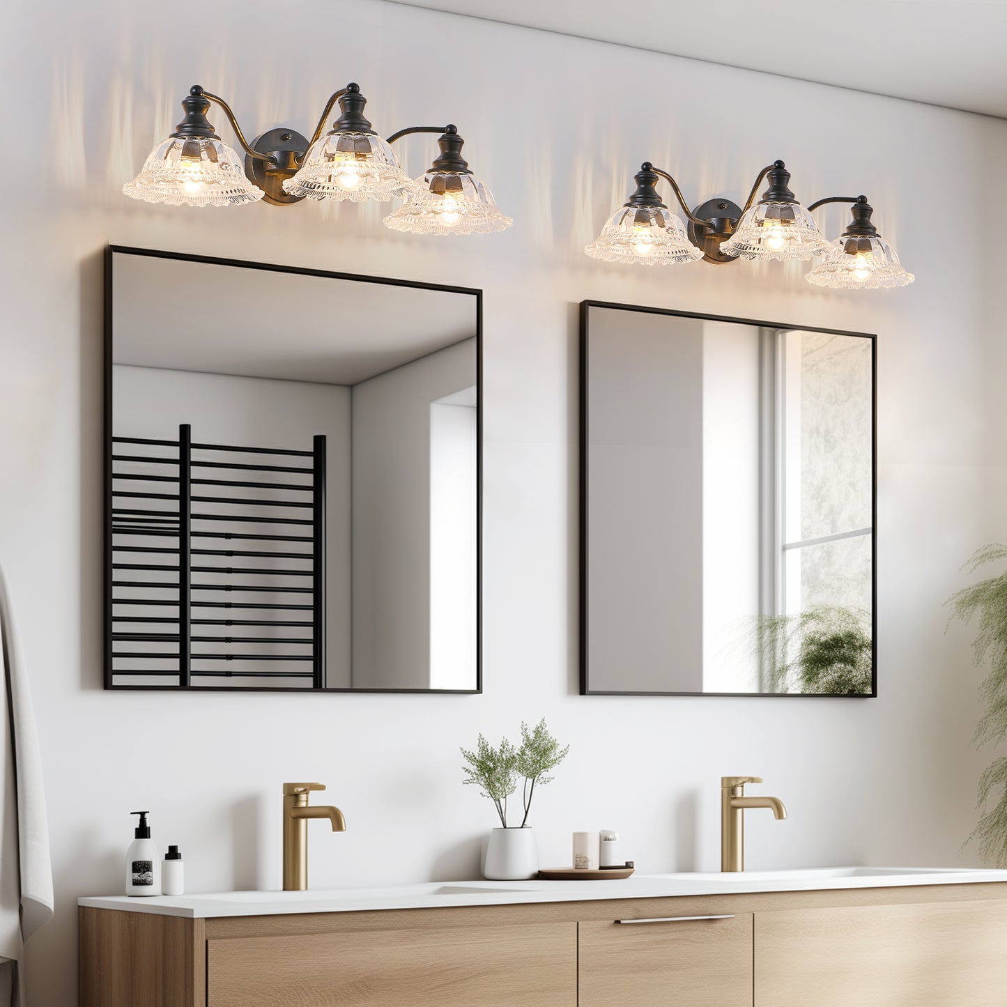 24 Inch 3-Light Vintage Bathroom Wall Sconce Black Metal Glass Vanity Light Fixture