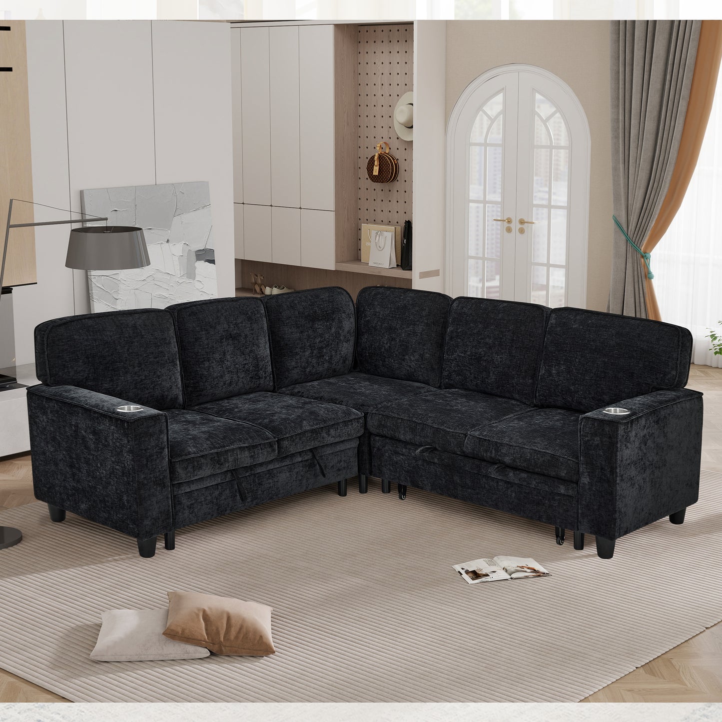 L-Shaped Sofa Bed with Storage & USB Ports - Charcoal Grey