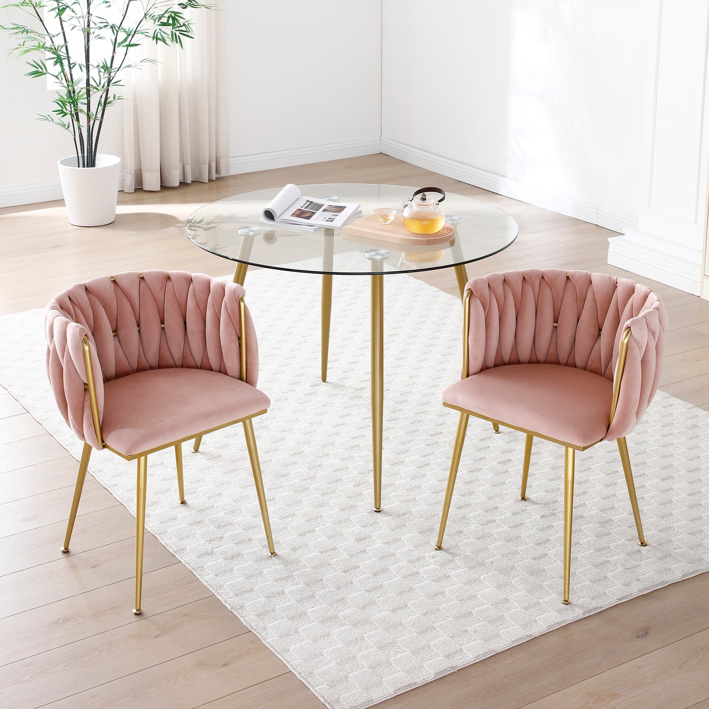 Pink Velvet Dining Chairs Set of 2 with Gold Metal Legs
