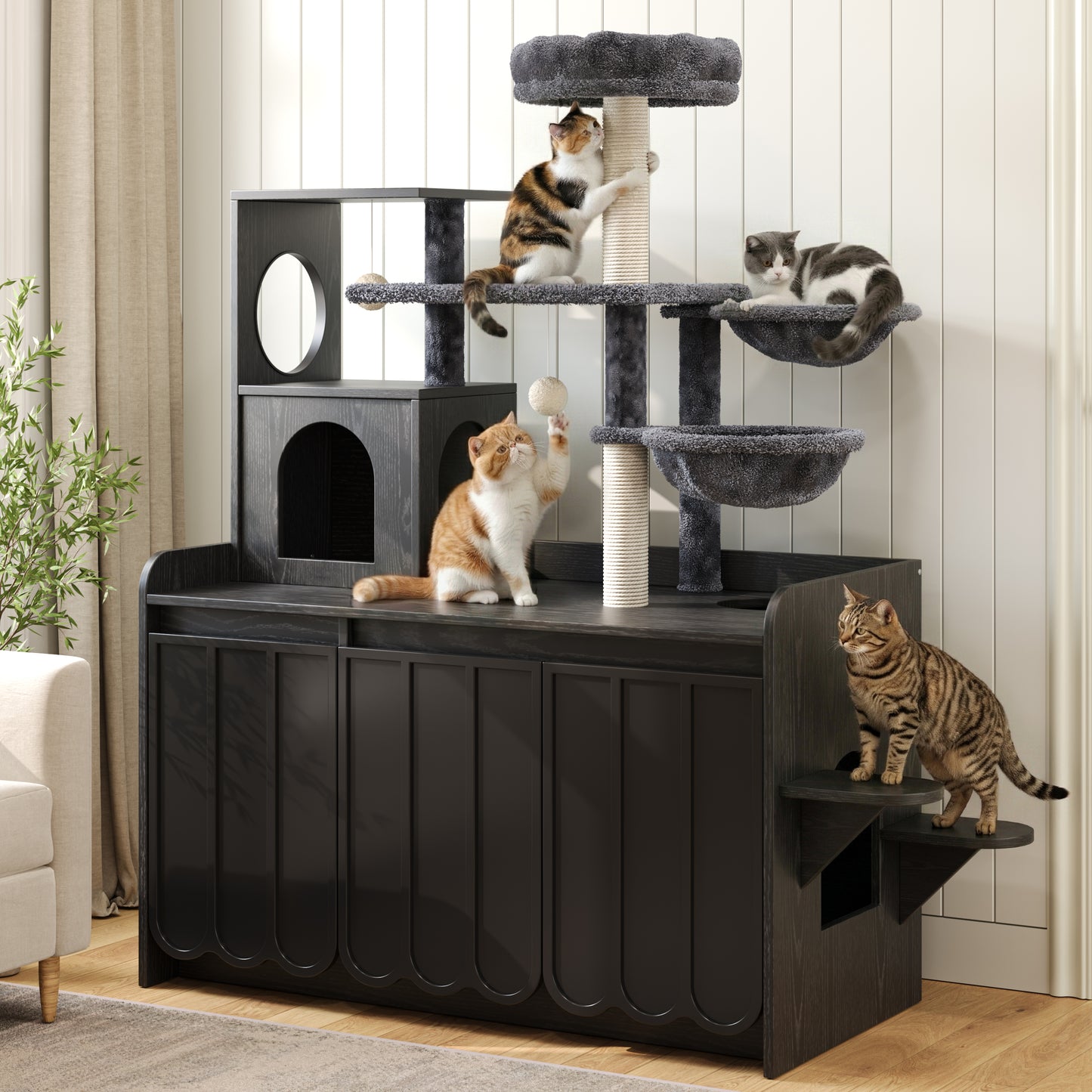 50.6 Cat Tree With Litter Box Enclosure, Tower Sisal Scratching Post