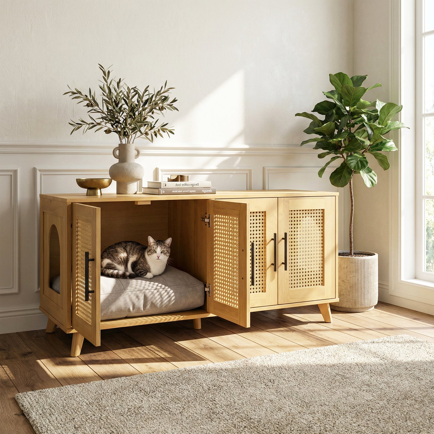 Myra Indoor Premium Rubber Wood Cat Cabinet With Plush Cushion