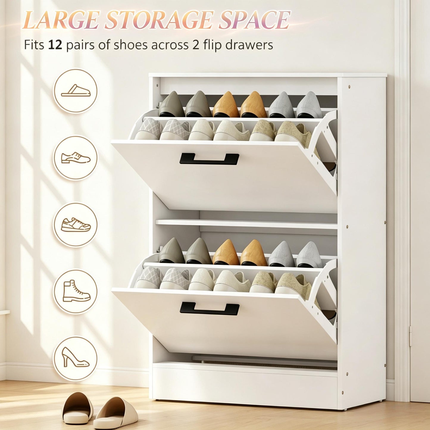 Shoe Cabinet with 2 Flip Drawers & Adjustable Dividers - White