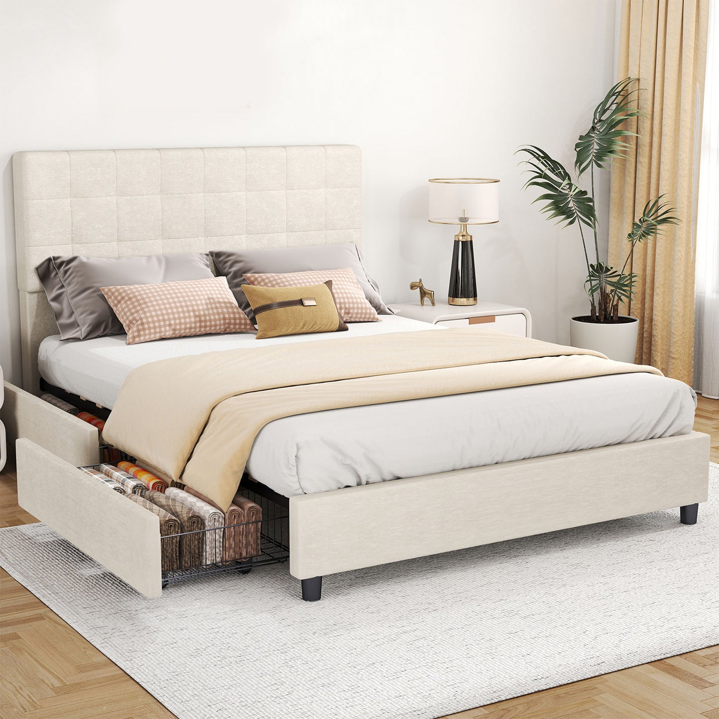 Bed Frame Upholstered Vertical Channel Headboard With 4 Storage