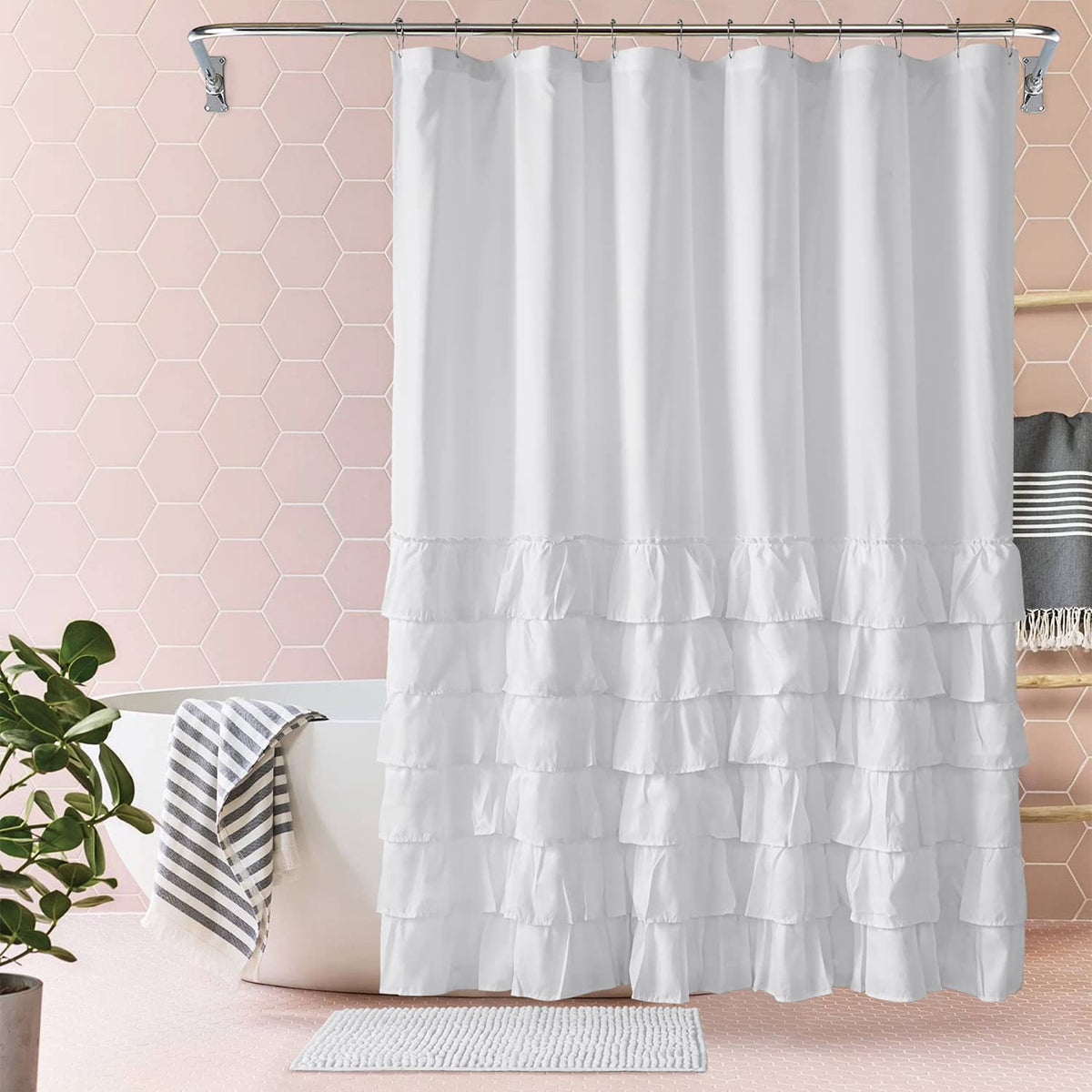 Folding Polyester Bathroom Shower Curtain with Pleated Design - 180x180cm