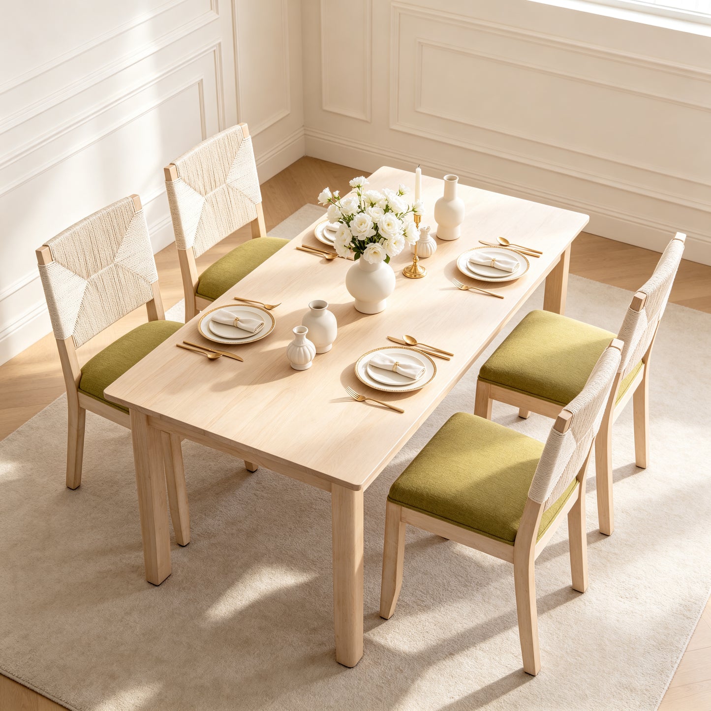 Olive Green Dining Chairs Set of 2 - Woven Back & Linen Seat