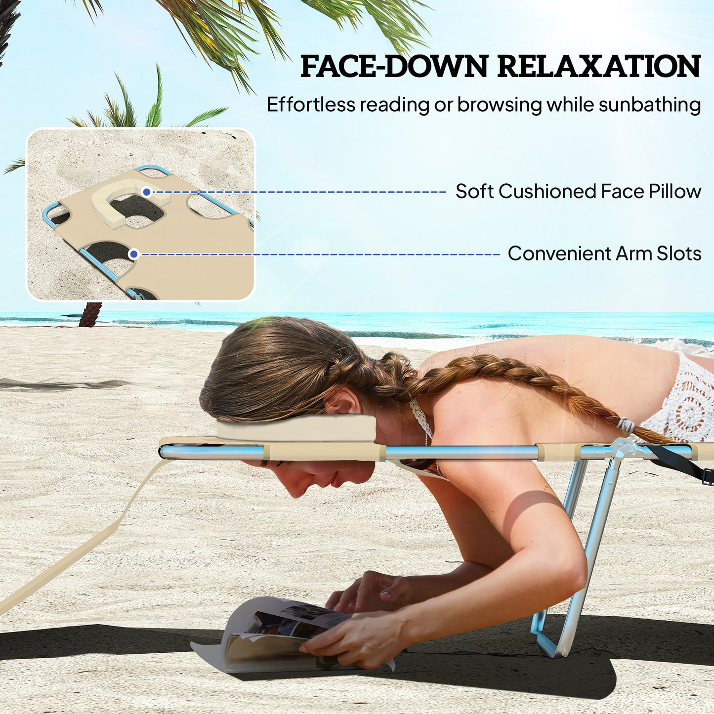 Adjustable Tanning Chair with Face Hole - Beige Folding Lounger