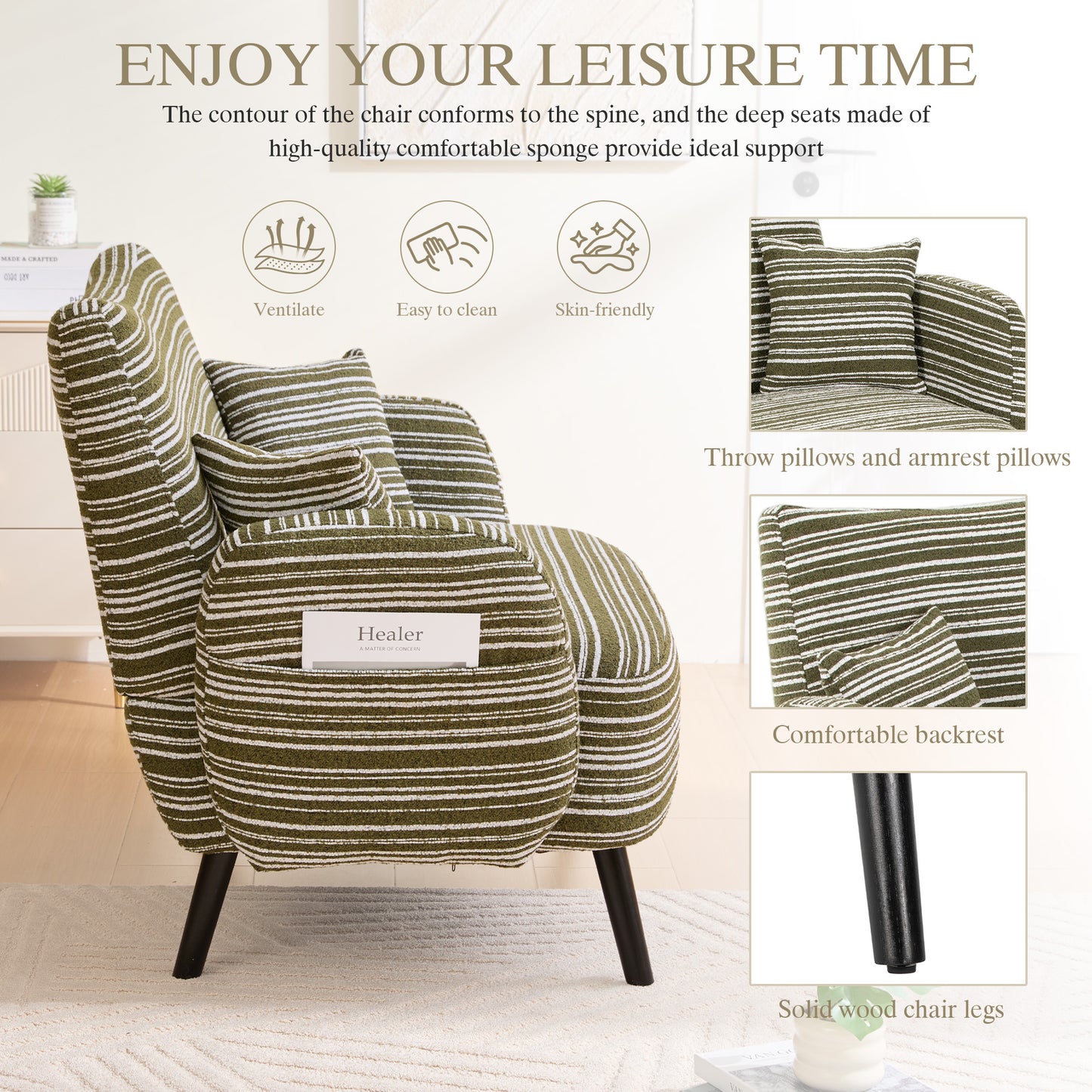 Modern Olive Green Two-Seater Sofa with Armrest Pillows & Storage