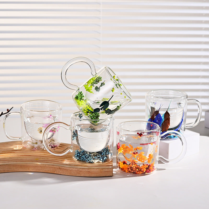 Double-Layer Borosilicate Glass Flower Pattern Cup - 200ml, High Temperature Resistant
