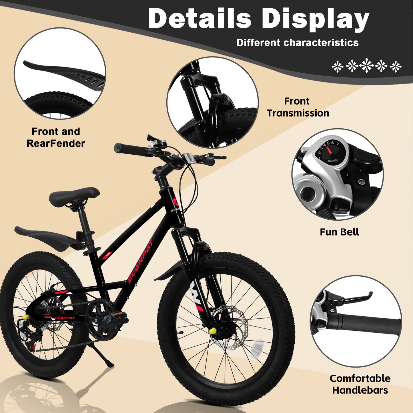 20-Inch Mountain Kids Bike for Boys & Girls, 7-Speed, Black
